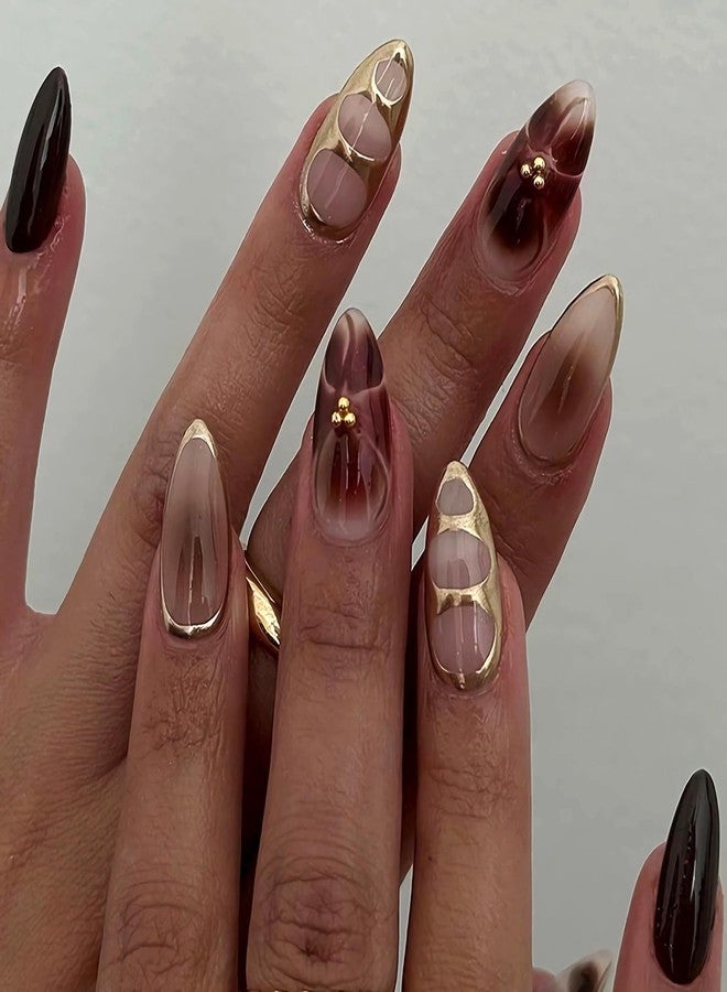 MISUD Press on Nails - Medium Almond Glue on Nails with Fall Brown, Acrylic Gold Chrome Design 24 pcs - Image 1
